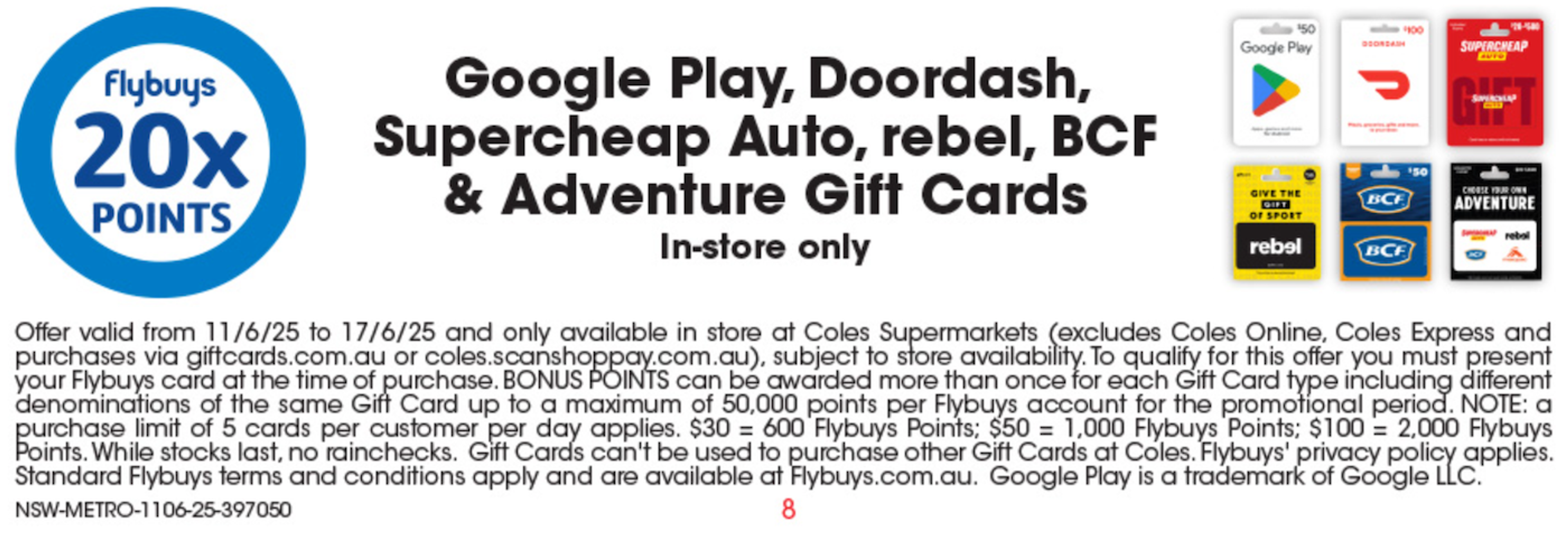 Bonus Flybuys Points on gift cards at Coles