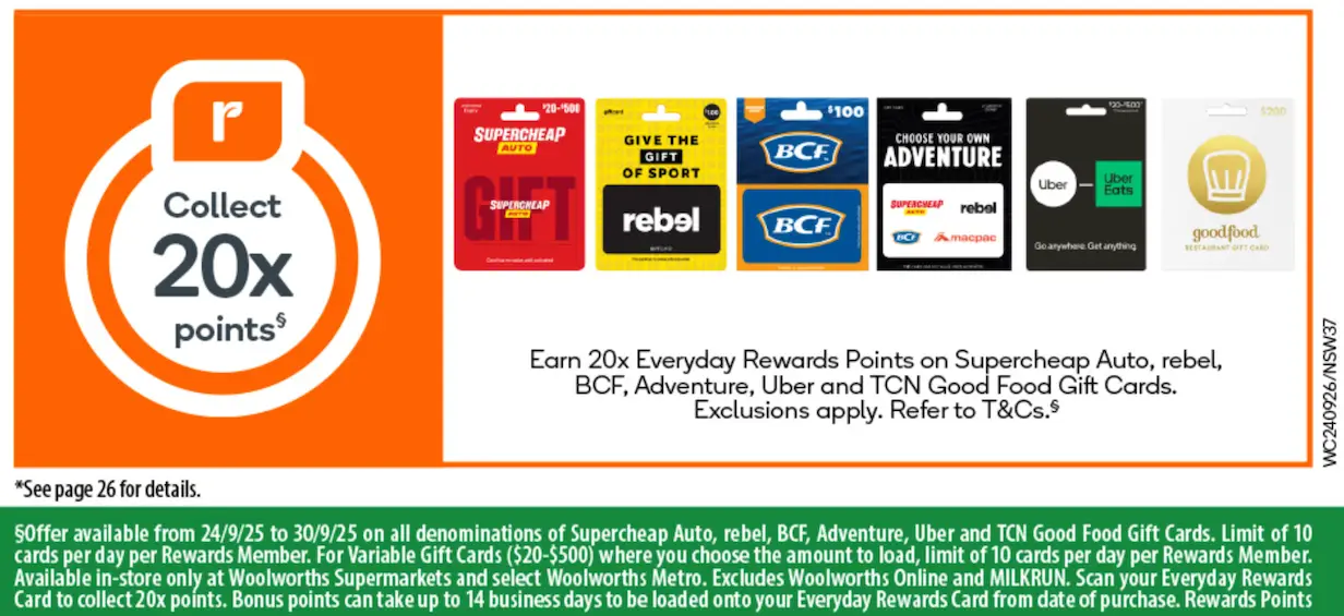 Bonus Everyday Rewards Points on gift cards at Woolworths