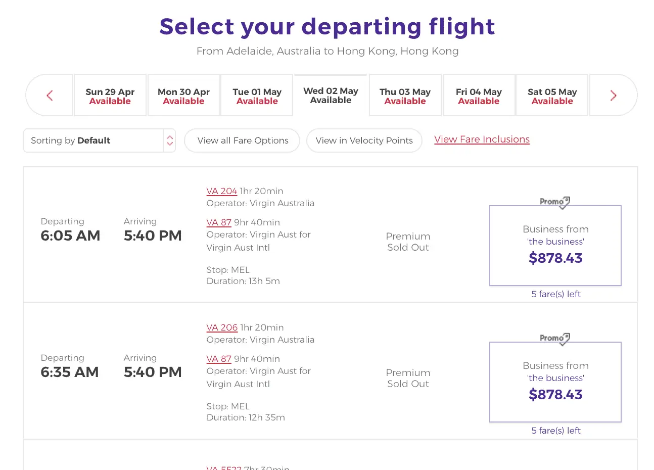 Virgin Australia The Business To Hong Kong Departing flight