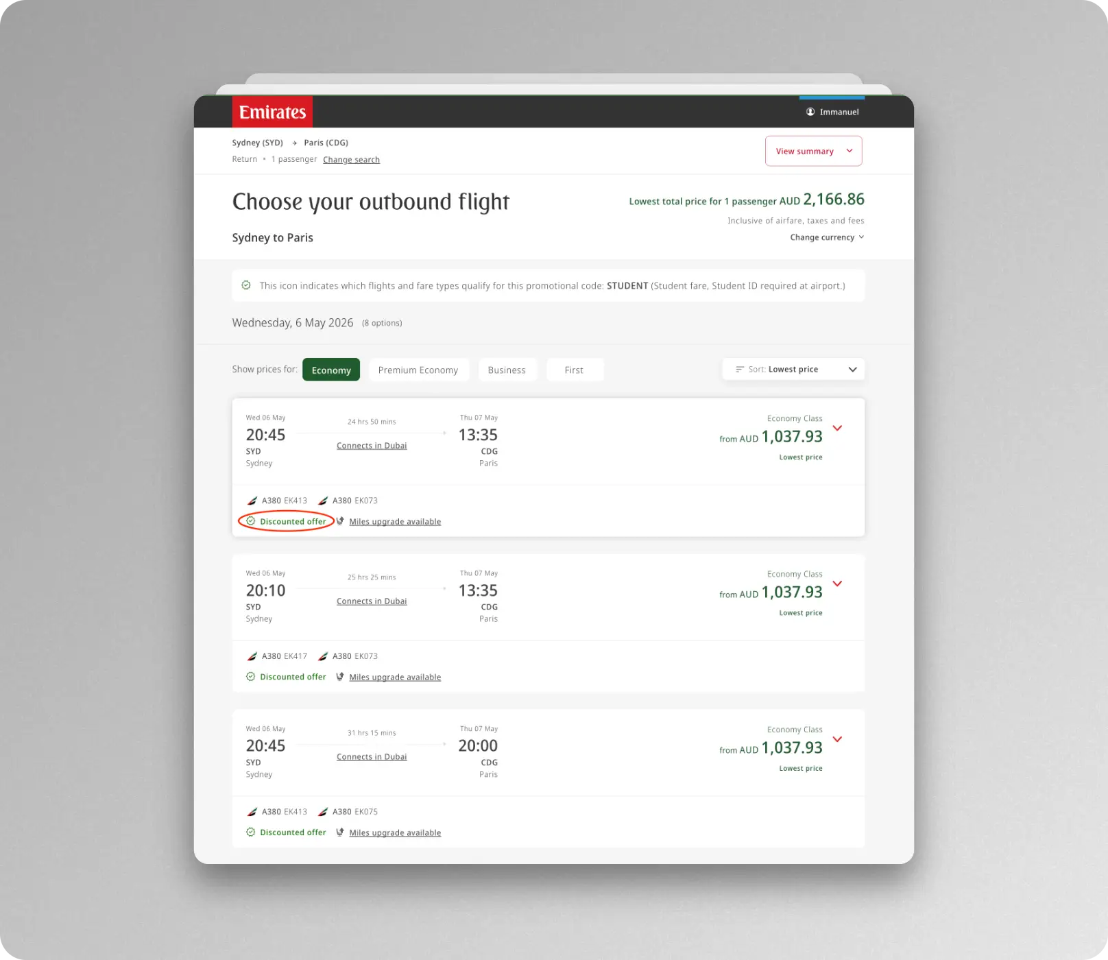 How to tell if Emirates student discount is applied