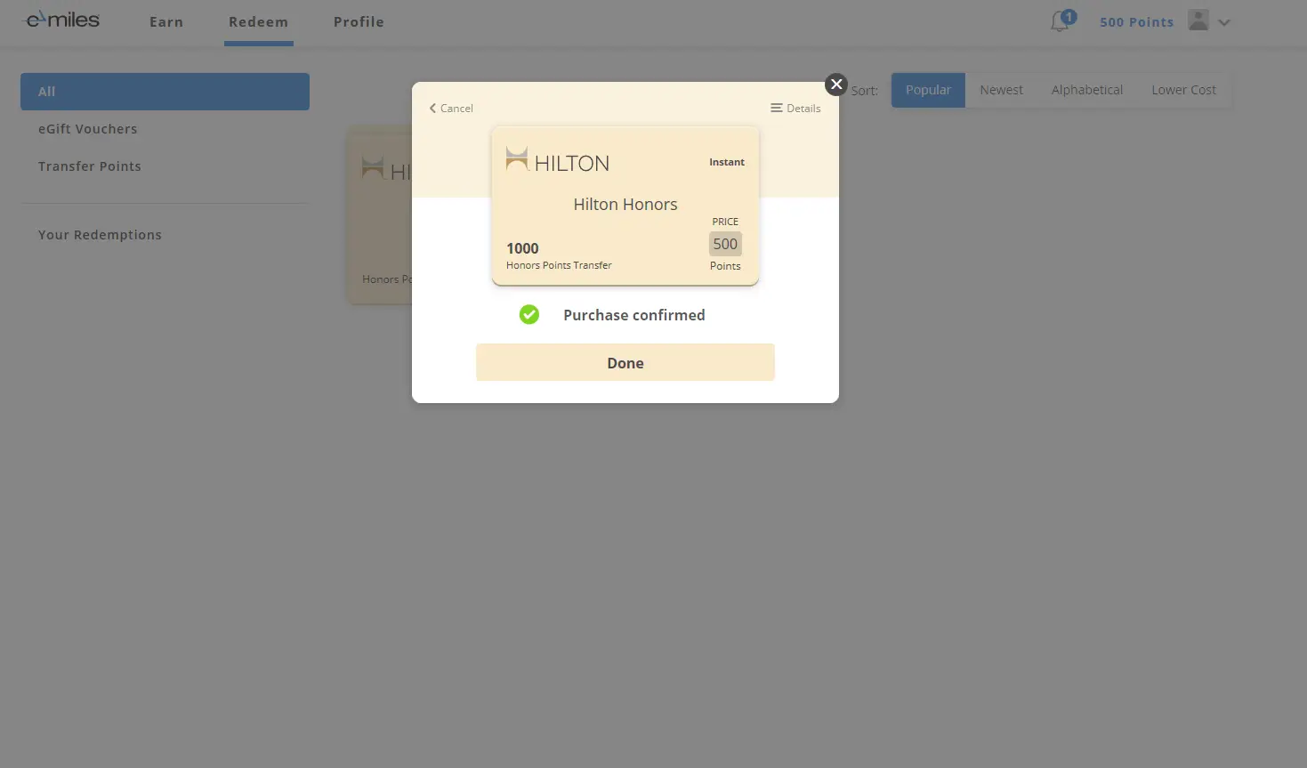 Get 1000 free Hilton Honors points confirmation