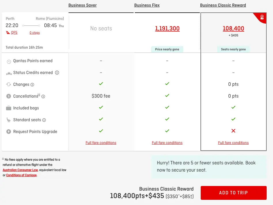 Sample pricing for Perth to Rome using Qantas Points