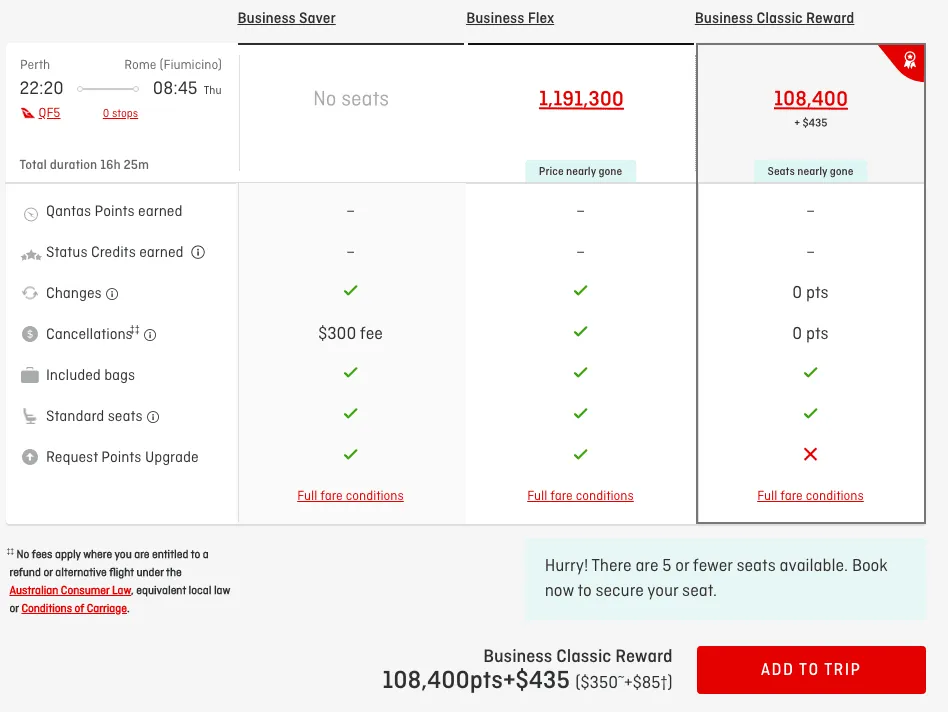 Sample pricing for Perth to Rome using Qantas Points