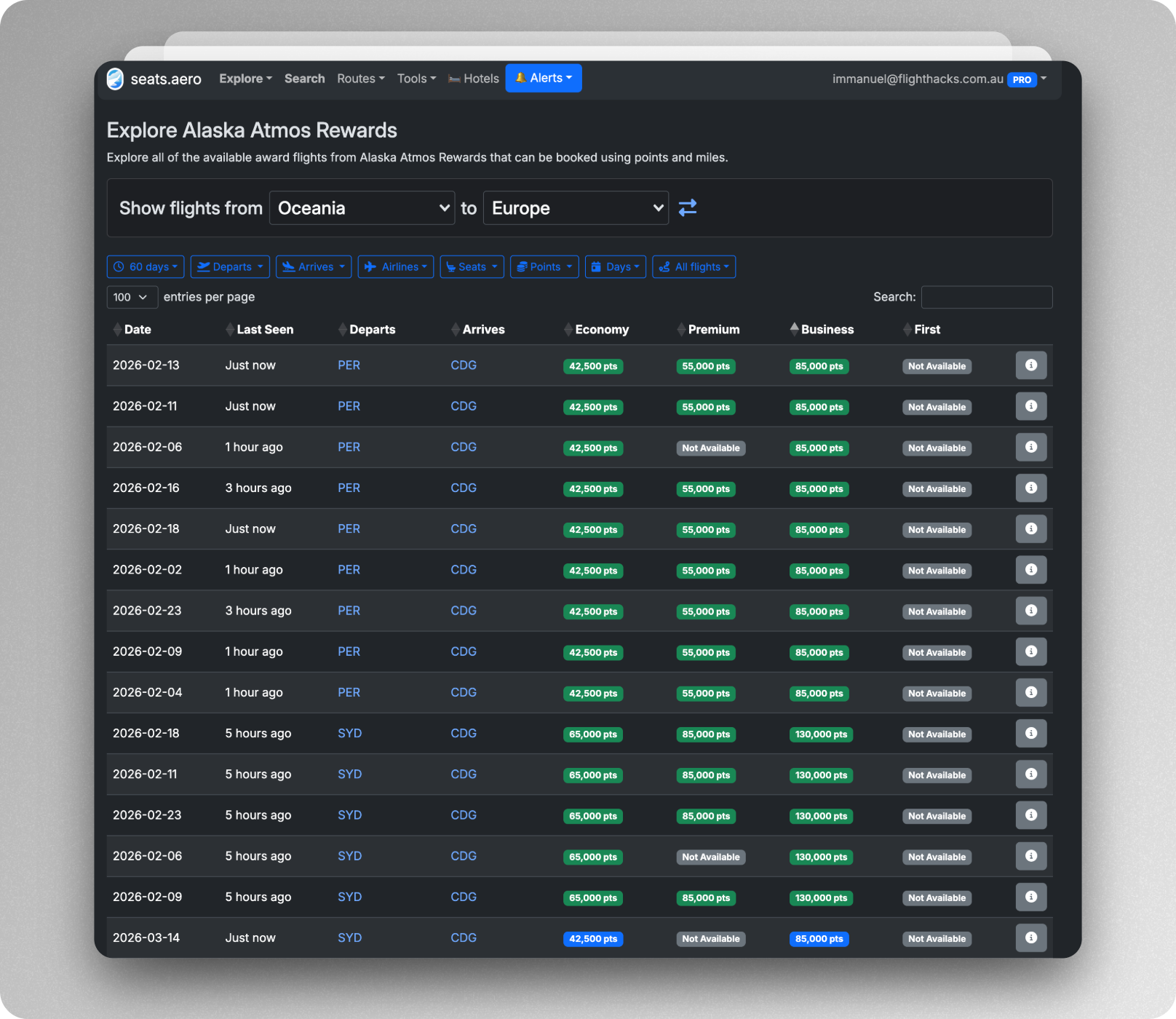 Use seats aero to find award space