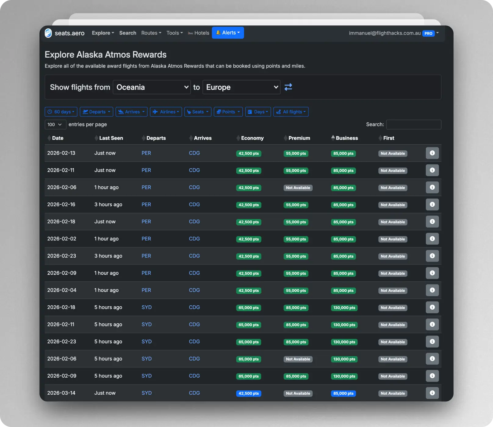 Use seats aero to find award space
