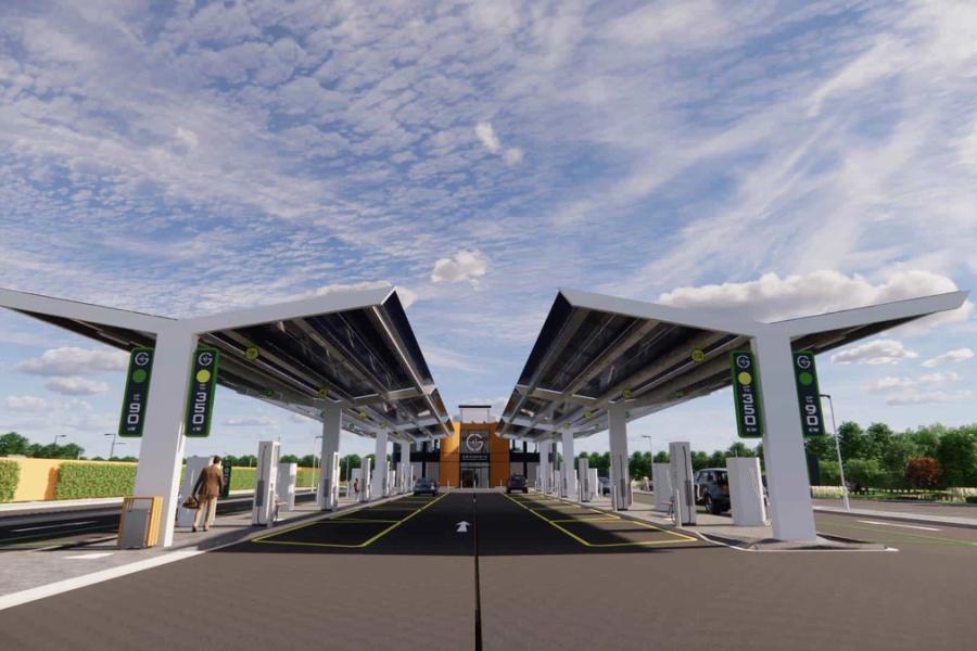 A CGI image of an electric forecourt for car charging