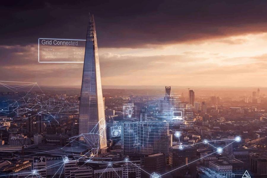 Image of London skyline with illustration of a smart energy grid.