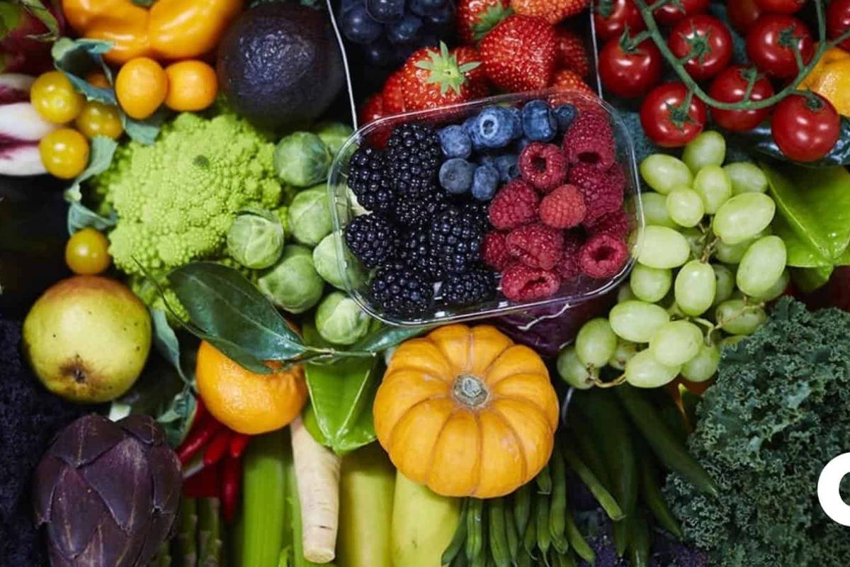 Close up photo of a mixture of fruit and vegetables.