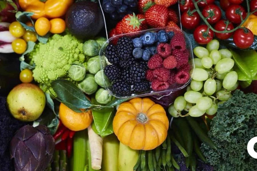 Close up photo of a mixture of fruit and vegetables.