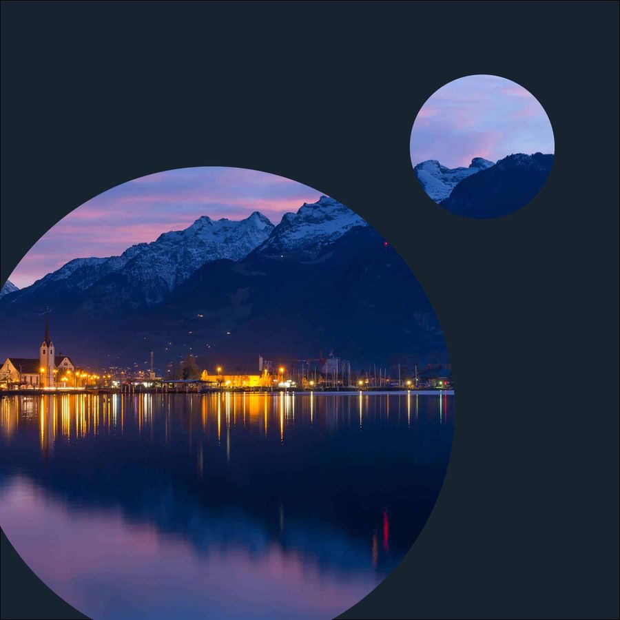 Black image with two circles that contain images of a mountain scape at sunset.