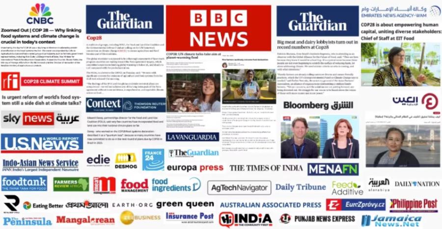 Collage of media coverage for Food Systems Pavilion