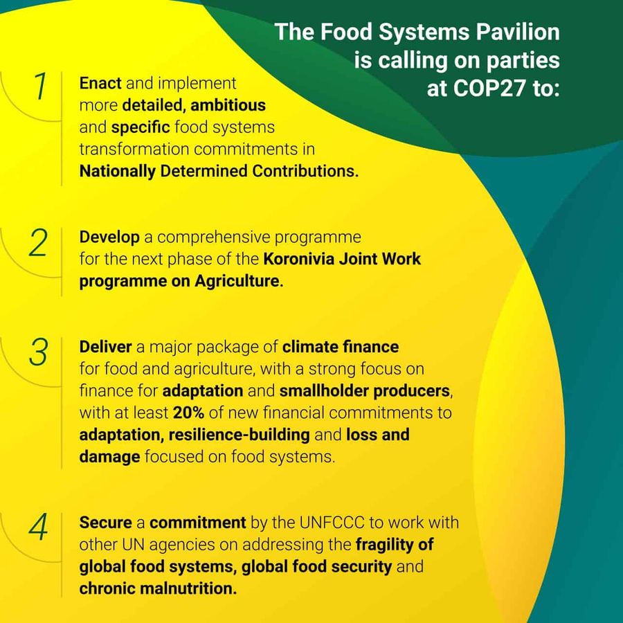 Graphic explaining what the Food Systems Pavilion is calling for