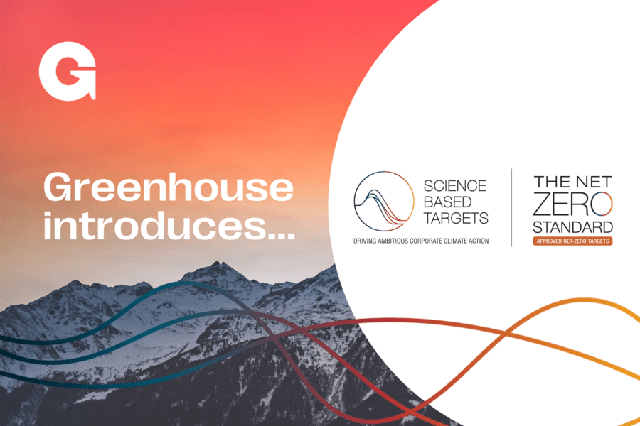 image of mountainous landscape with text 'greenhouse introduces' overlaid on top and science based targets logo beside