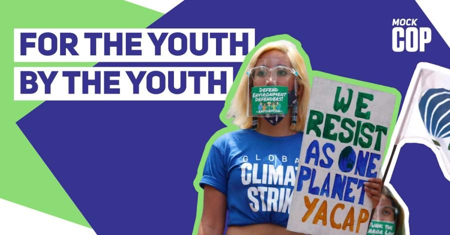 A banner reading 'FOR THE YOUTH BY THE YOUTH on a purple background, next to a cut-out photo of activist Mitzi Jonelle Tan at a climate strike.
