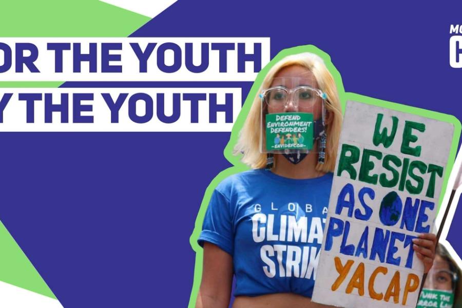 A banner reading 'FOR THE YOUTH BY THE YOUTH on a purple background, next to a cut-out photo of activist Mitzi Jonelle Tan at a climate strike.