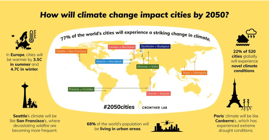 How will climate change impact cities by 2050?
22% of 520 cities globally will experience novel climate conditions.