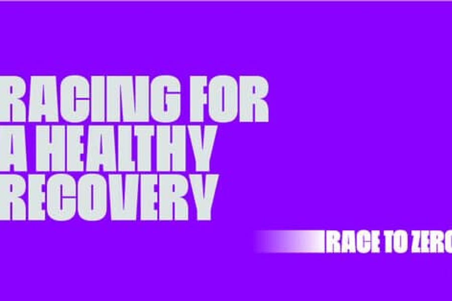 Silver text 'Racing for a healthy recovery' on a purple background