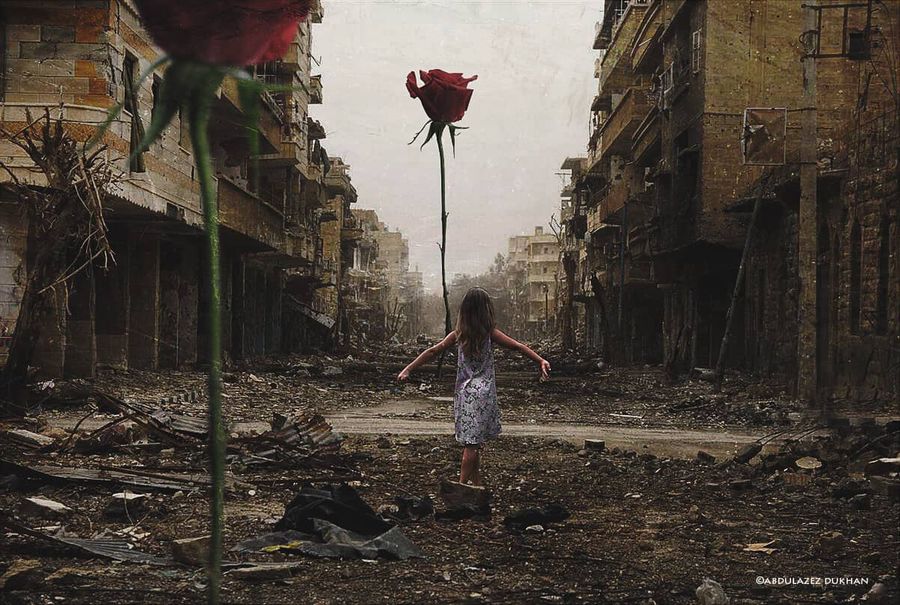 An image of a girl in a street filled with rubble stands with her arms outstretched in either side. One giant rose is in front of the girl, one is near the front of the image.