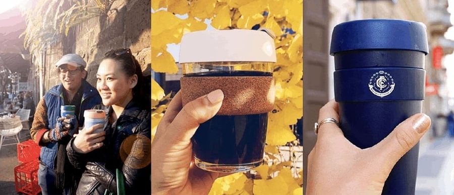 People using re-usable coffee cups