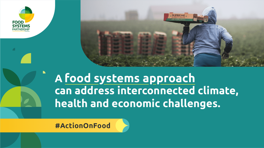 Poster for the food systems partnership - text = A food systems approach can address interconnected climate, health and economic challenges.