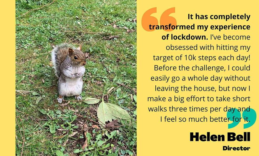 Photo of squirrel on left side, quote on right side from Helen Bell