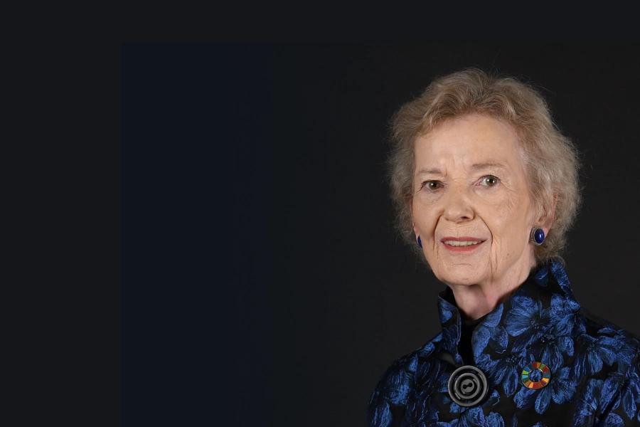 Why we need long view leadership. Image shows Mary Robinson, former president of Ireland, against a black background.