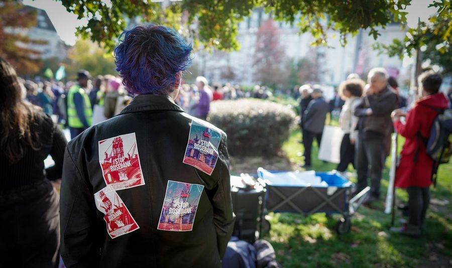 A protestor with Stop Rosebank leaflets on her back