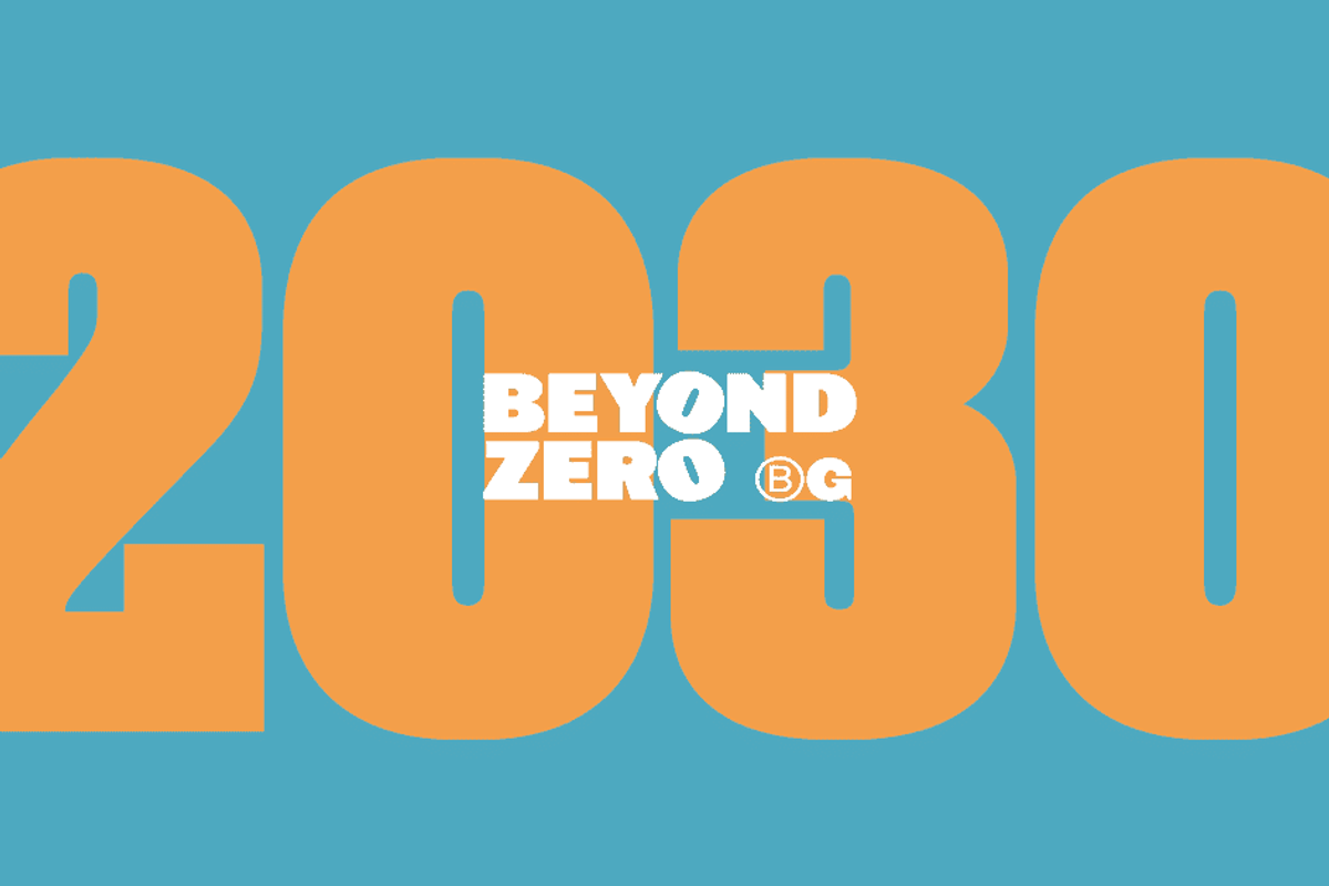 Beyond Zero in white text over 2030 in orange text. Turquoise background.