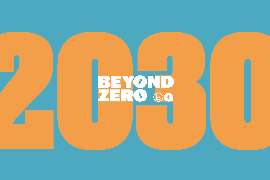 Beyond Zero in white text over 2030 in orange text. Turquoise background.