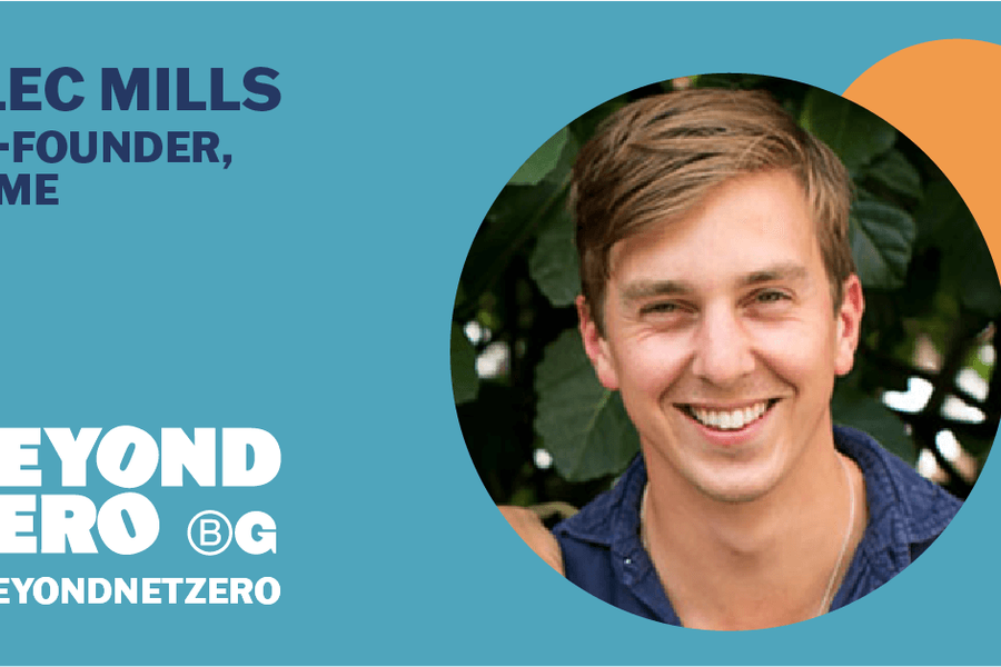 Teal coloured asset with name, photo and job title of Alec Mills, Co-Founder, DAME