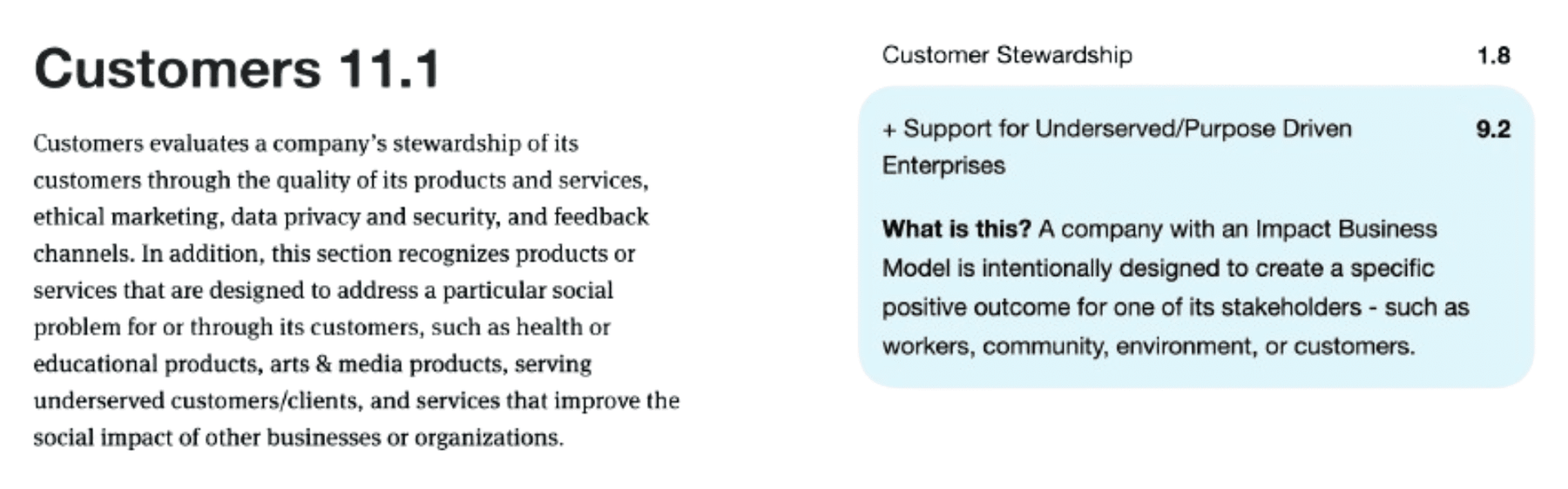 Greenhouse's B Corp breakdown of the customers section