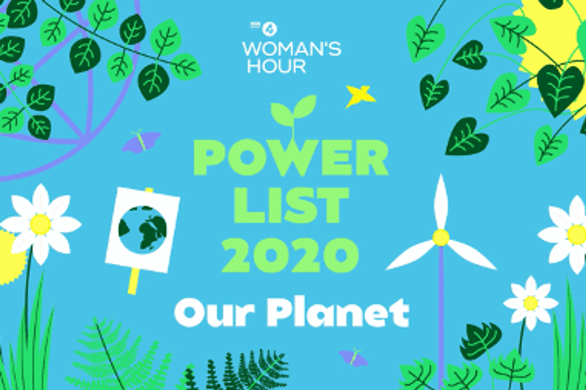 Woman's Hour Power List Our Planet graphic depicting illustrations of leaves, a wind turbine and a protest sign depicting the Earth