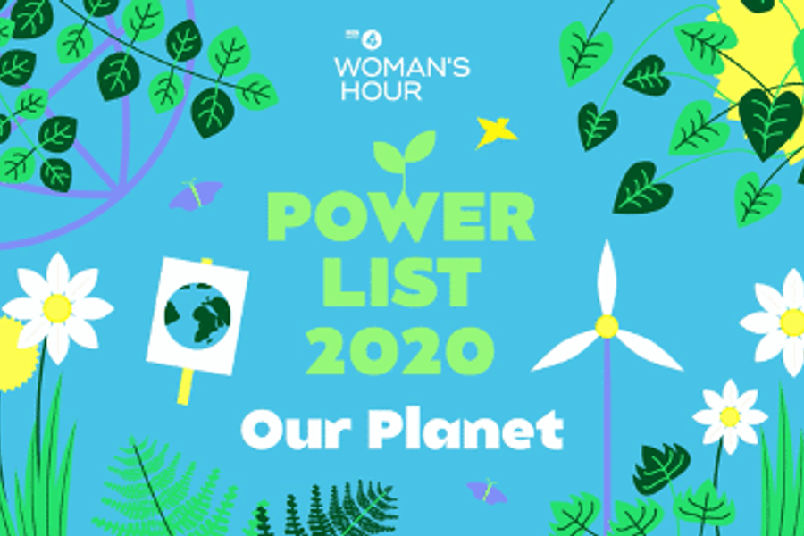 Woman's Hour Power List Our Planet graphic depicting illustrations of leaves, a wind turbine and a protest sign depicting the Earth