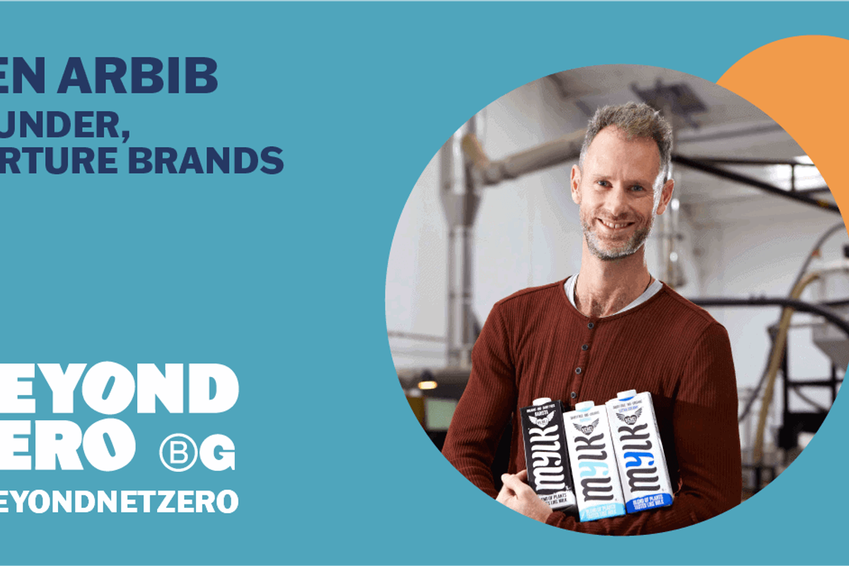 Left side text reads 'Ben Arbib, Founder, Nurture Brands' above the text 'Beyond Zero'. Dark blue text on turquoise background. Right side image of Ben in maroon shirt in cropped circle.