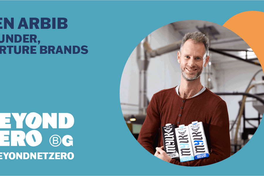 Left side text reads 'Ben Arbib, Founder, Nurture Brands' above the text 'Beyond Zero'. Dark blue text on turquoise background. Right side image of Ben in maroon shirt in cropped circle.