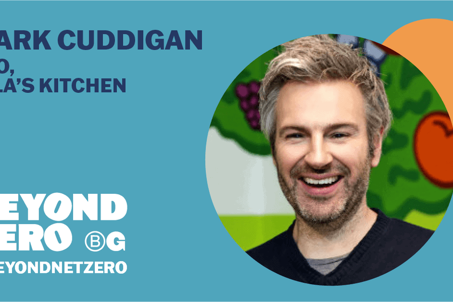 Dark blue text on left side says 'Mark Cuddigan, CEO, Ella's Kitchen' above white text reading 'Beyond Zero', and right side shows headshot of Mark in cropped circle