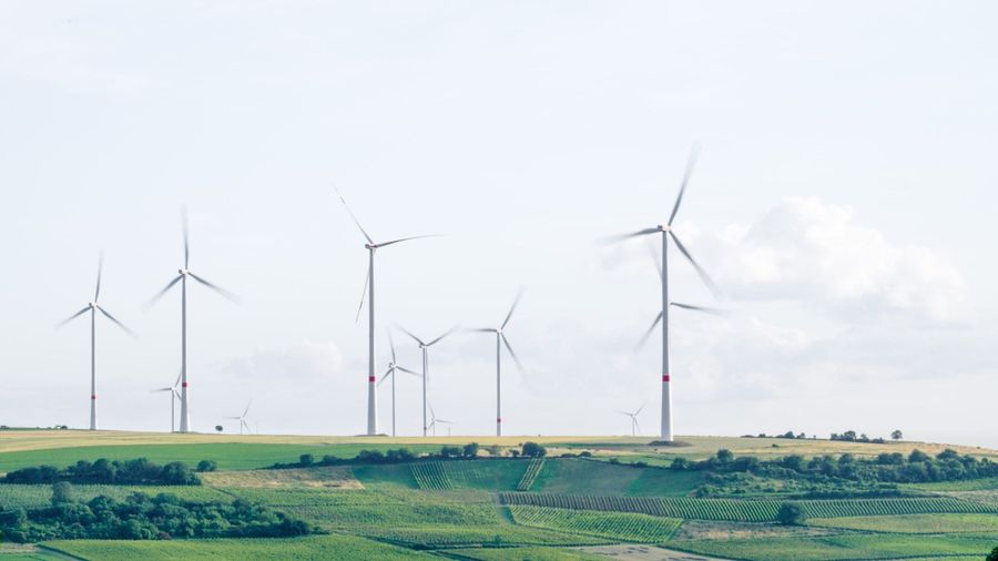 Wind turbines turning in the distance.
