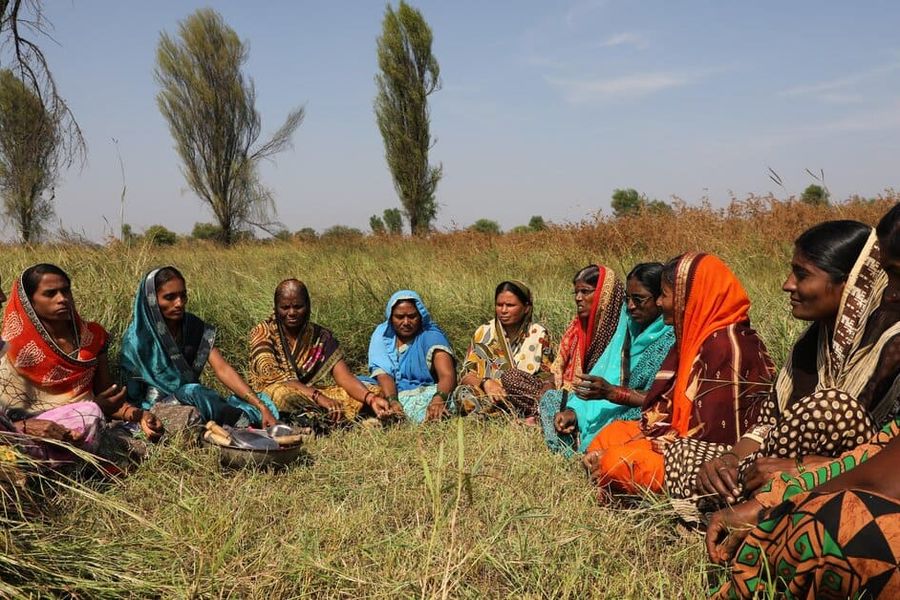 South asian women sitting in semicircle in field wearing brightly colours saris