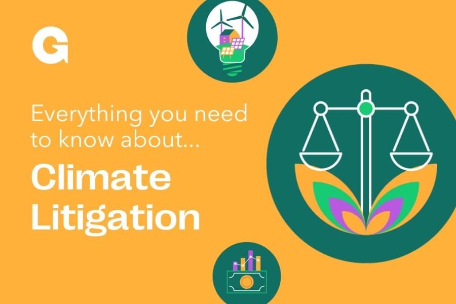everything you need to know about climate litigation text beside judiciary iconography