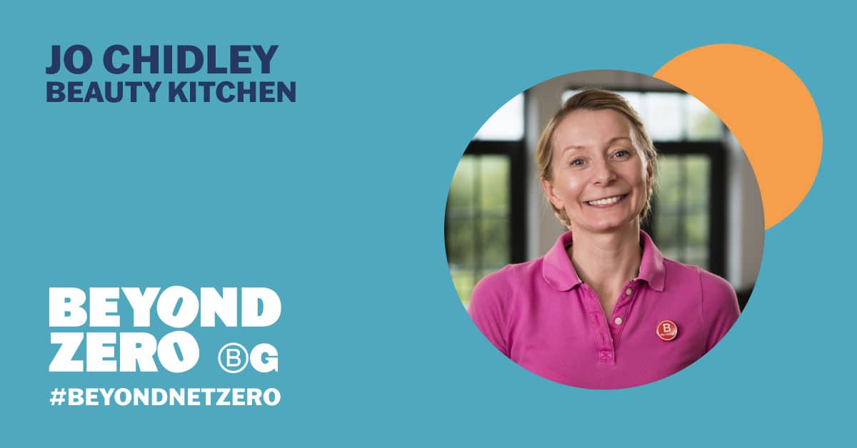 Image of Jo Chidley on right in circle. Turquoise background with dark blue lettering reading 'Jo Chidley, Beauty Kitchen', above the text, 'Beyond Zero'