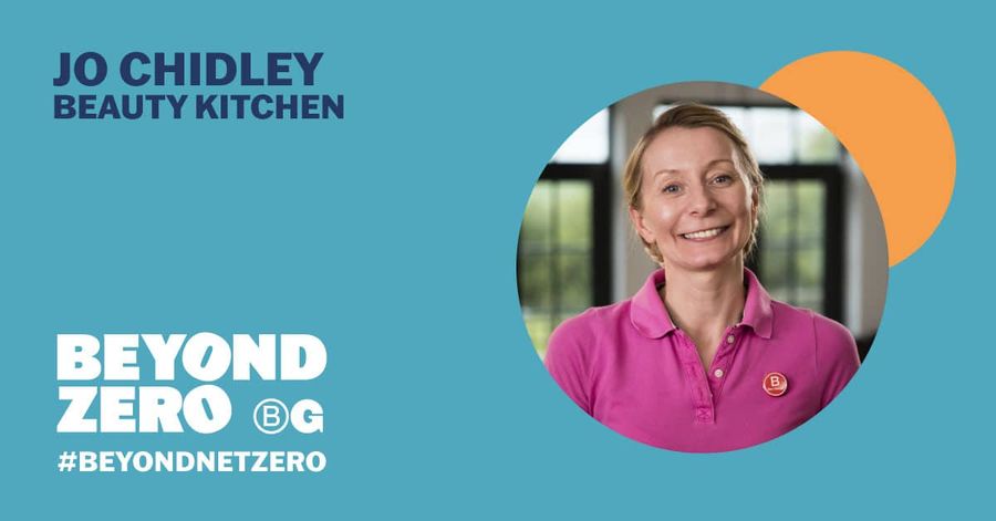 Image of Jo Chidley on right in circle. Turquoise background with dark blue lettering reading 'Jo Chidley, Beauty Kitchen', above the text, 'Beyond Zero'