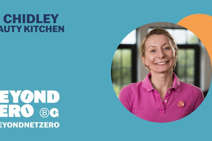 Image of Jo Chidley on right in circle. Turquoise background with dark blue lettering reading 'Jo Chidley, Beauty Kitchen', above the text, 'Beyond Zero'