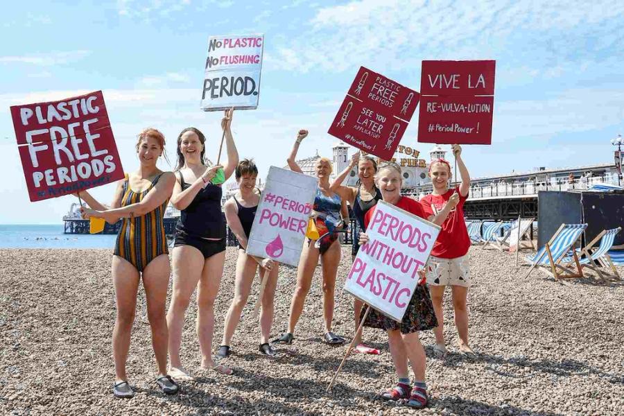 Seven women in swimsuits on a pebble beach holding placards that say "plastic free periods".