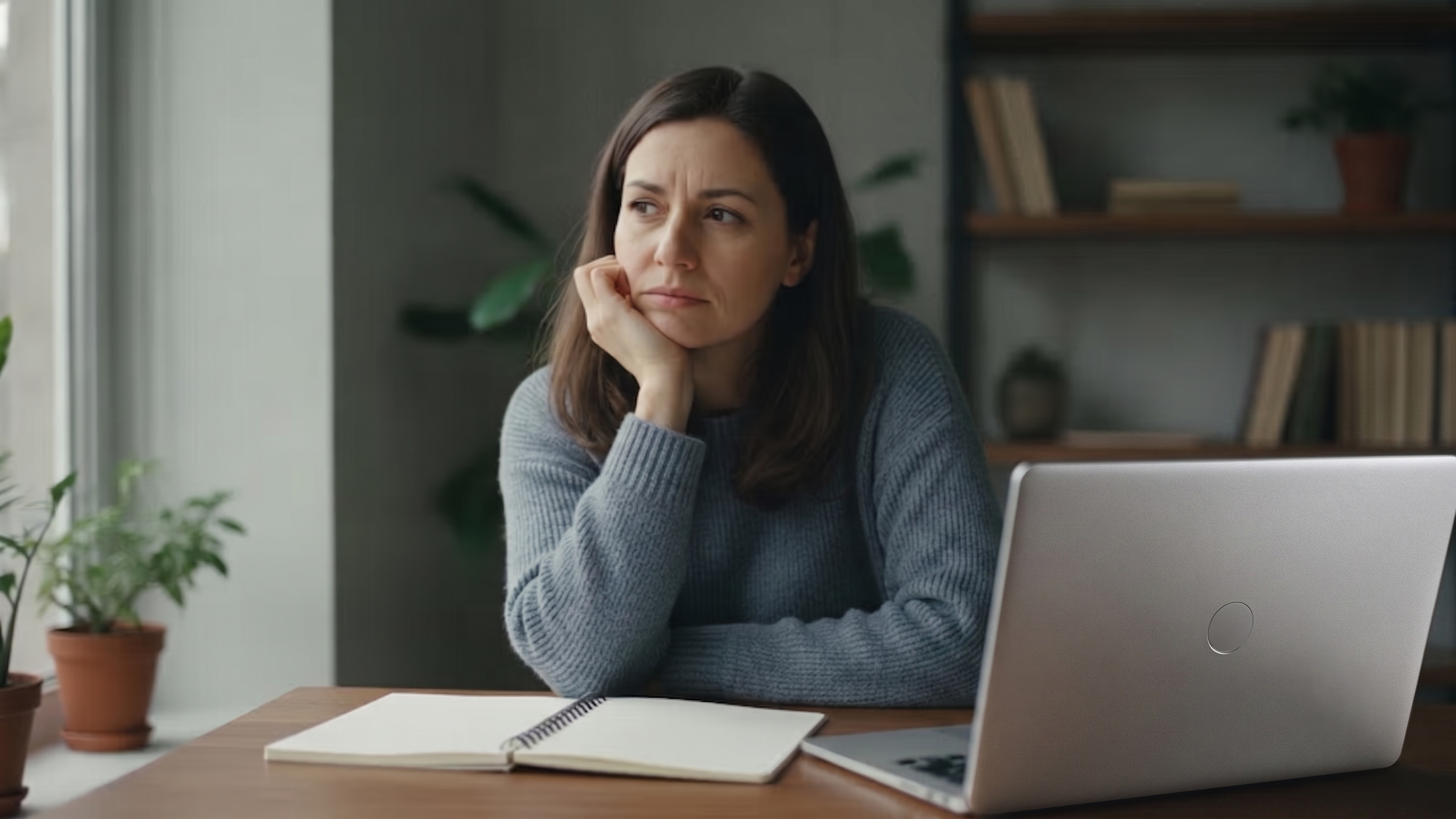 Une femme pensive à son bureau, la joue posée sur la main, le regard tourné vers la fenêtre, un carnet ouvert devant elle.
