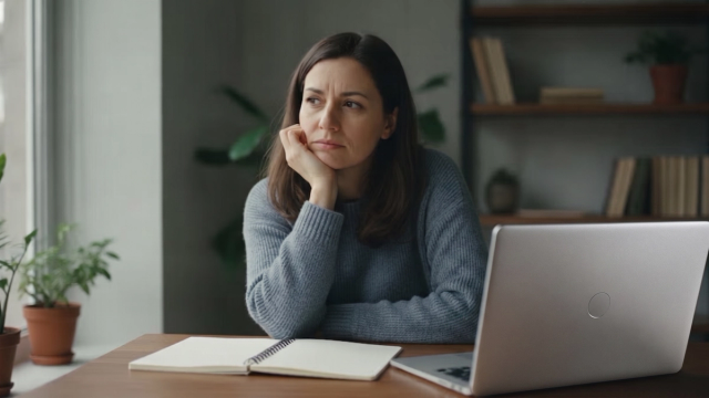 Une femme pensive à son bureau, la joue posée sur la main, le regard tourné vers la fenêtre, un carnet ouvert devant elle.