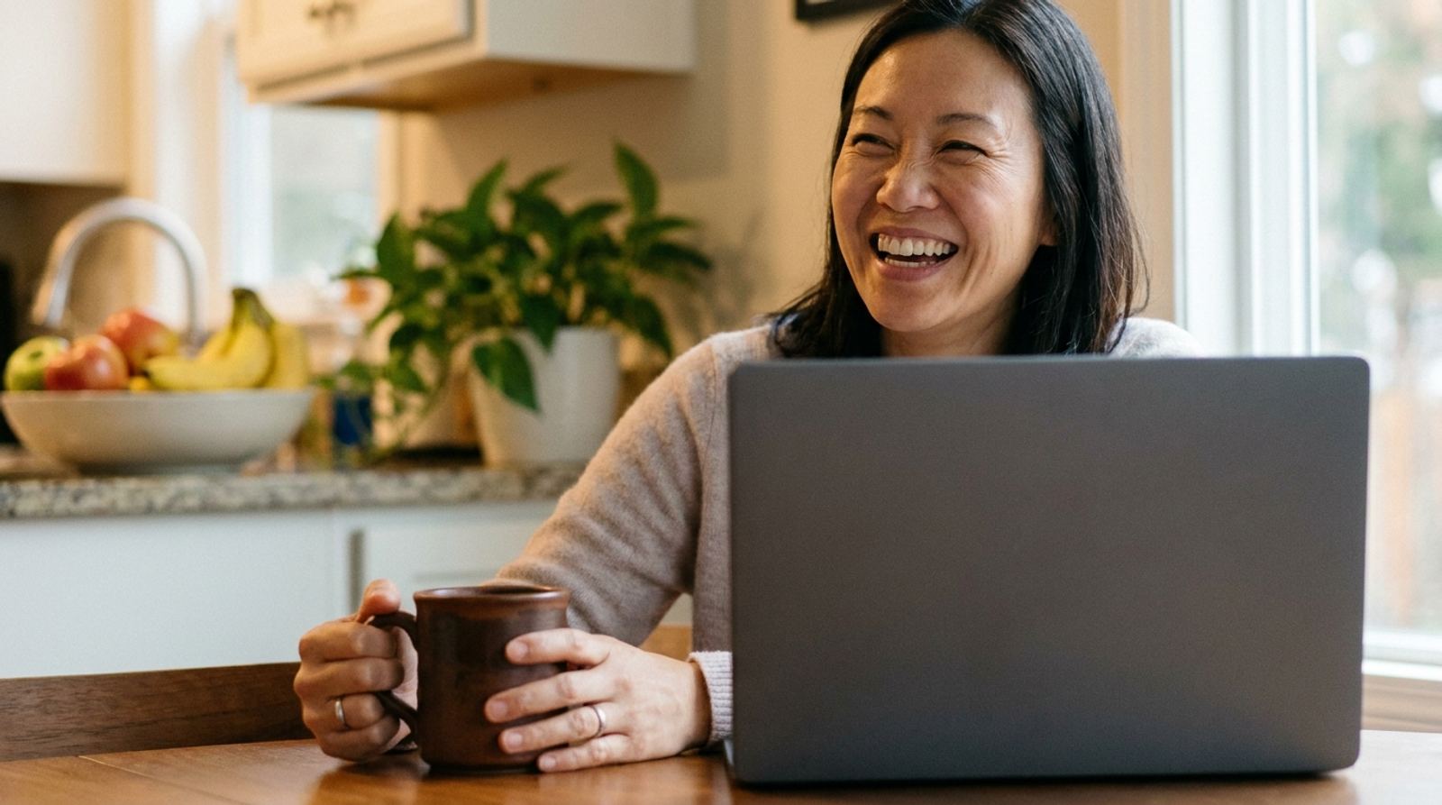 Une femme rit pendant un appel vidéo depuis sa cuisine, une tasse à la main.