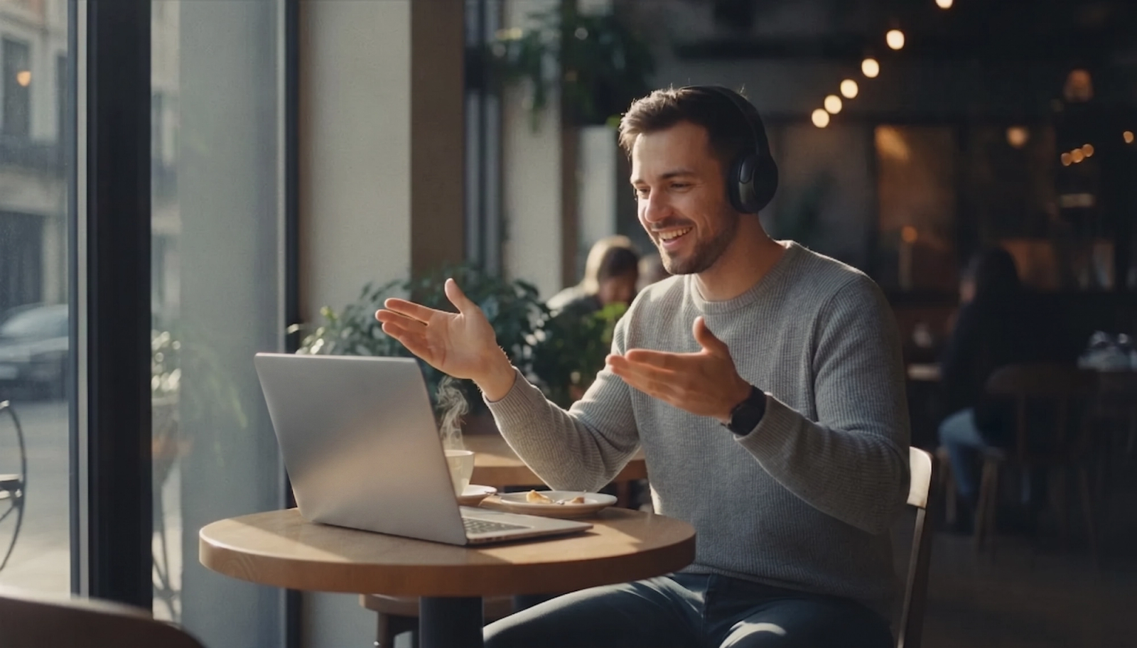 Un hombre sonriente con audífonos en videollamada desde su computadora, en la mesa junto a la ventana de un café.