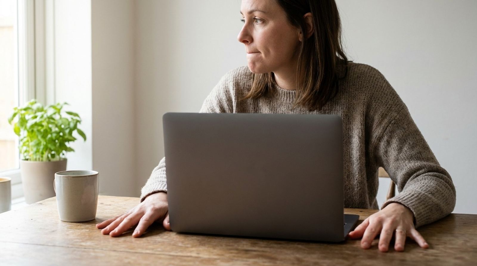 Una mujer pensativa en la mesa de su cocina, con las manos apoyadas a cada lado de su computadora portátil, buscando sus palabras durante una videollamada.