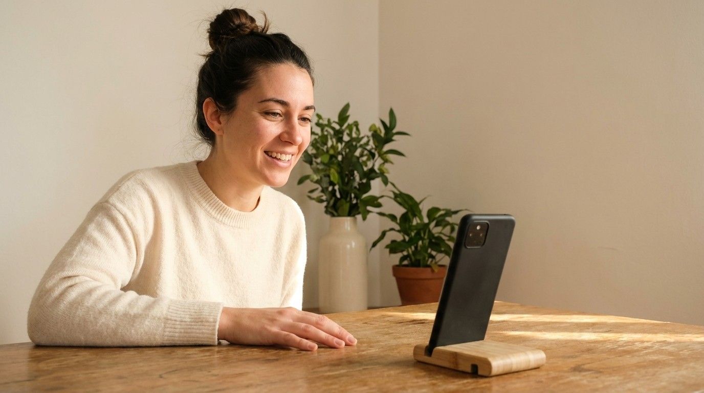 Une jeune femme souriante en pleine conversation, la main posée sur la table, face à son téléphone dressé sur un support en bois.