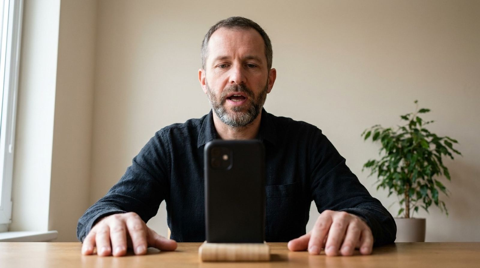 Un homme à la barbe grisonnante répond à voix haute, les mains posées sur le bureau, son téléphone de dos sur un support.